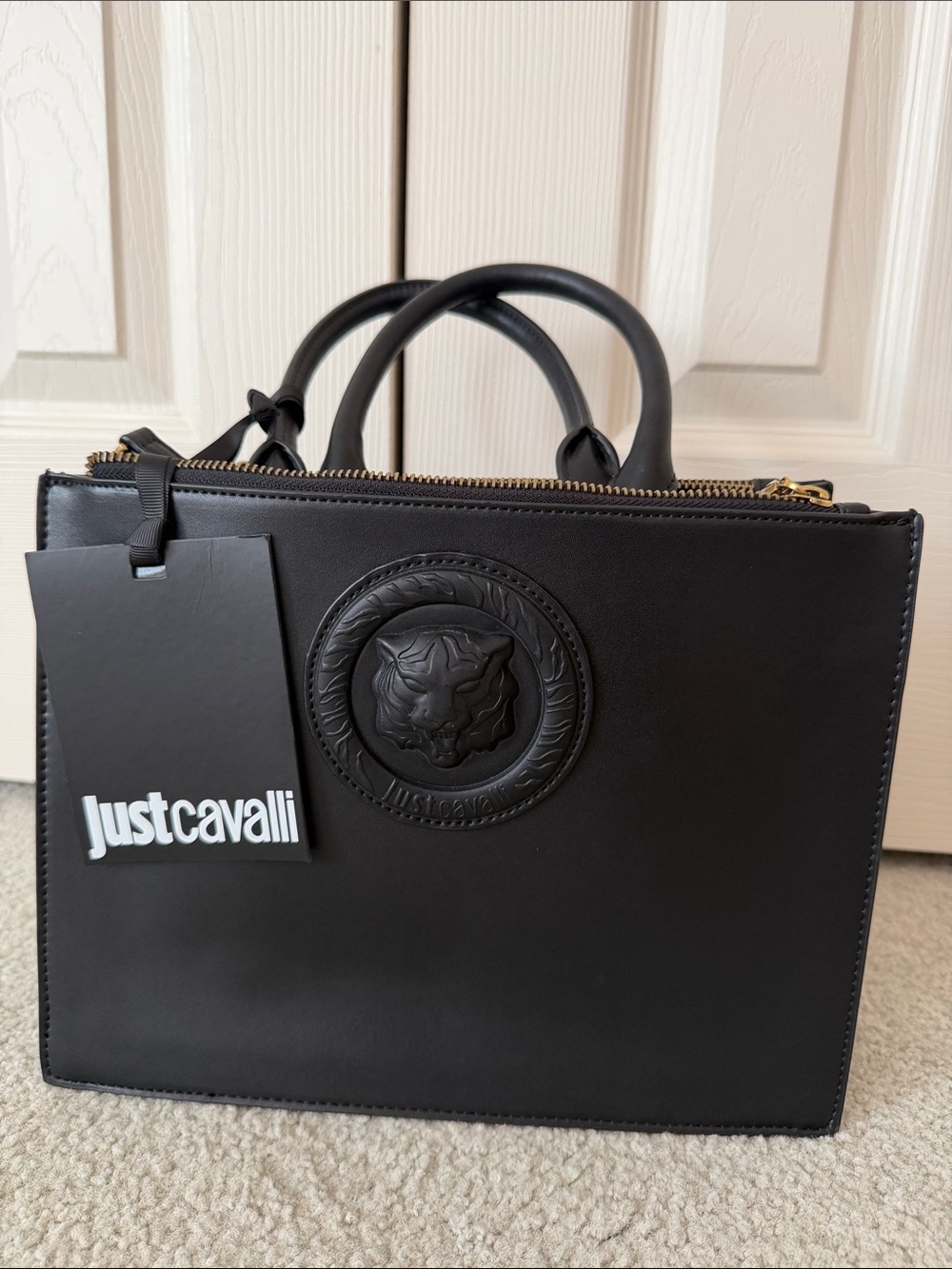 Just Cavalli Black Leather Satchel with Embossed Tiger Medallion